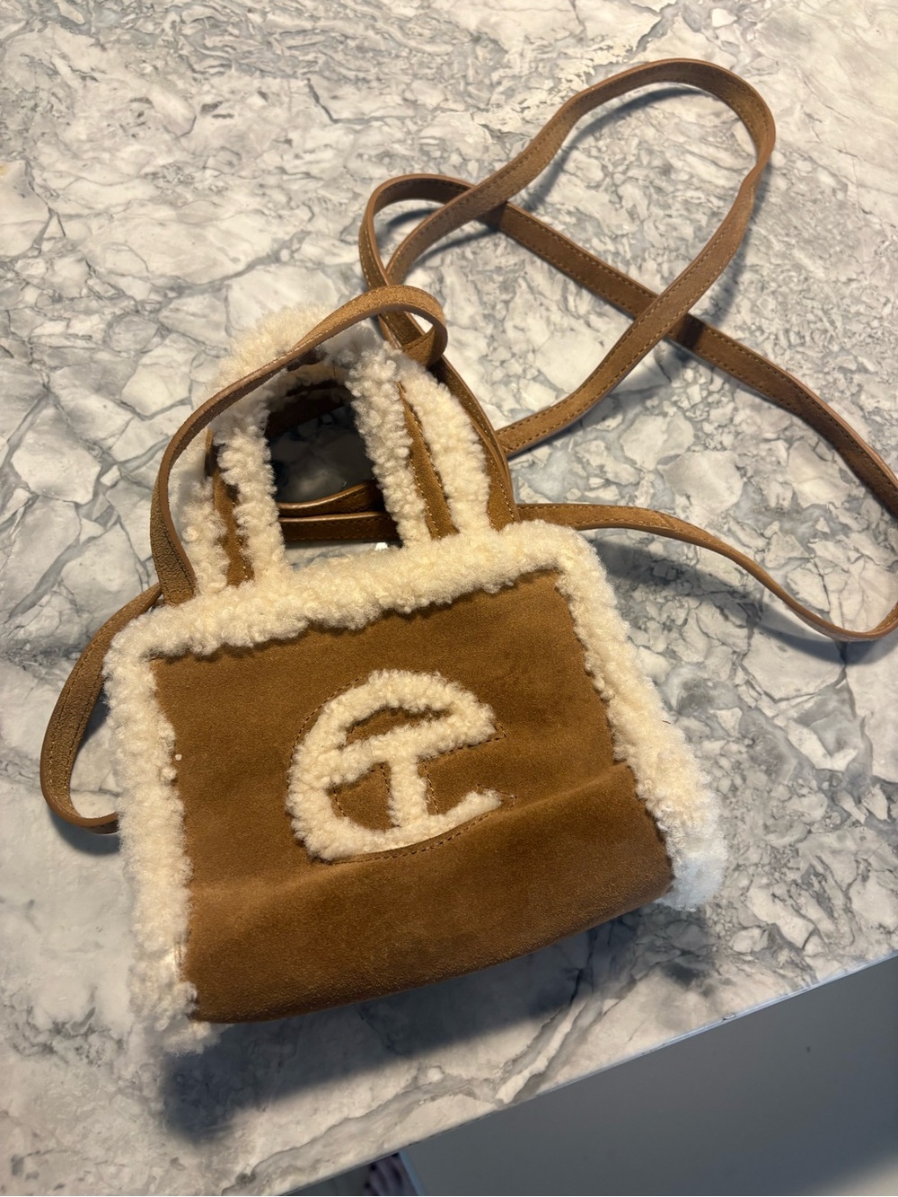 New Ugg Telfar Shearling Trim Suede Crossbody Tote - Camel